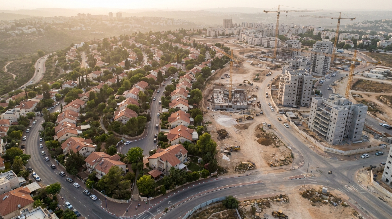 מבט אווירי על שכונות ותיקות וחדשות במודיעין, המדגים את השינוי באופי הבנייה