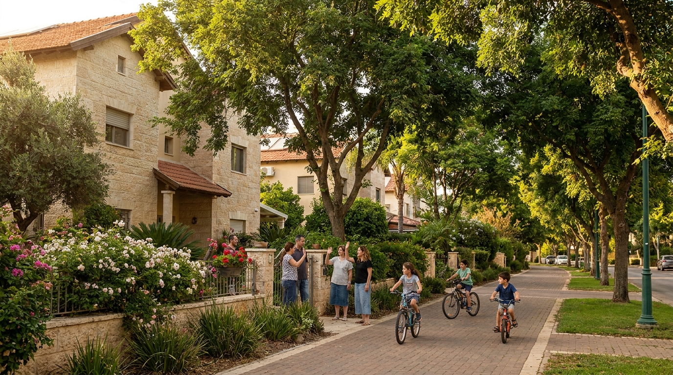 רחוב שליו בשכונה ותיקה במודיעין עם עצים וגינות, המדגים את היתרונות של קהילה מבוססת בדירת יד שנייה.