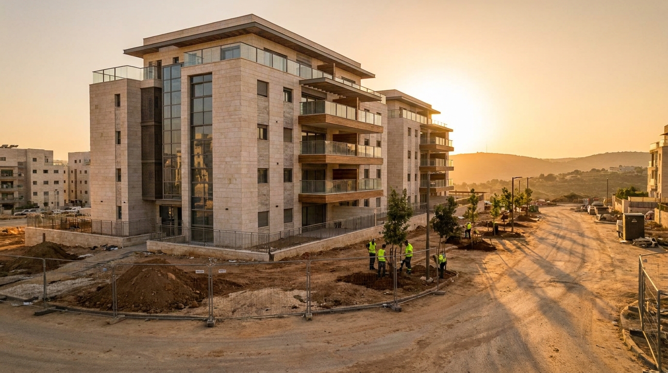 בניין מגורים חדש ומודרני בשכונה חדשה במודיעין, המדגים את הפוטנציאל של רכישת דירה מקבלן.