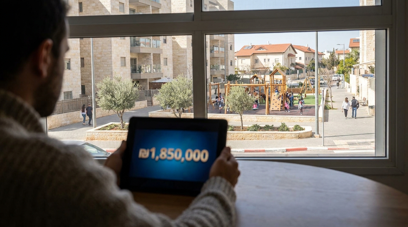 אדם מסתכל על הערכת שווי דיגיטלית בעוד הנוף של שכונה במודיעין נשקף מהחלון