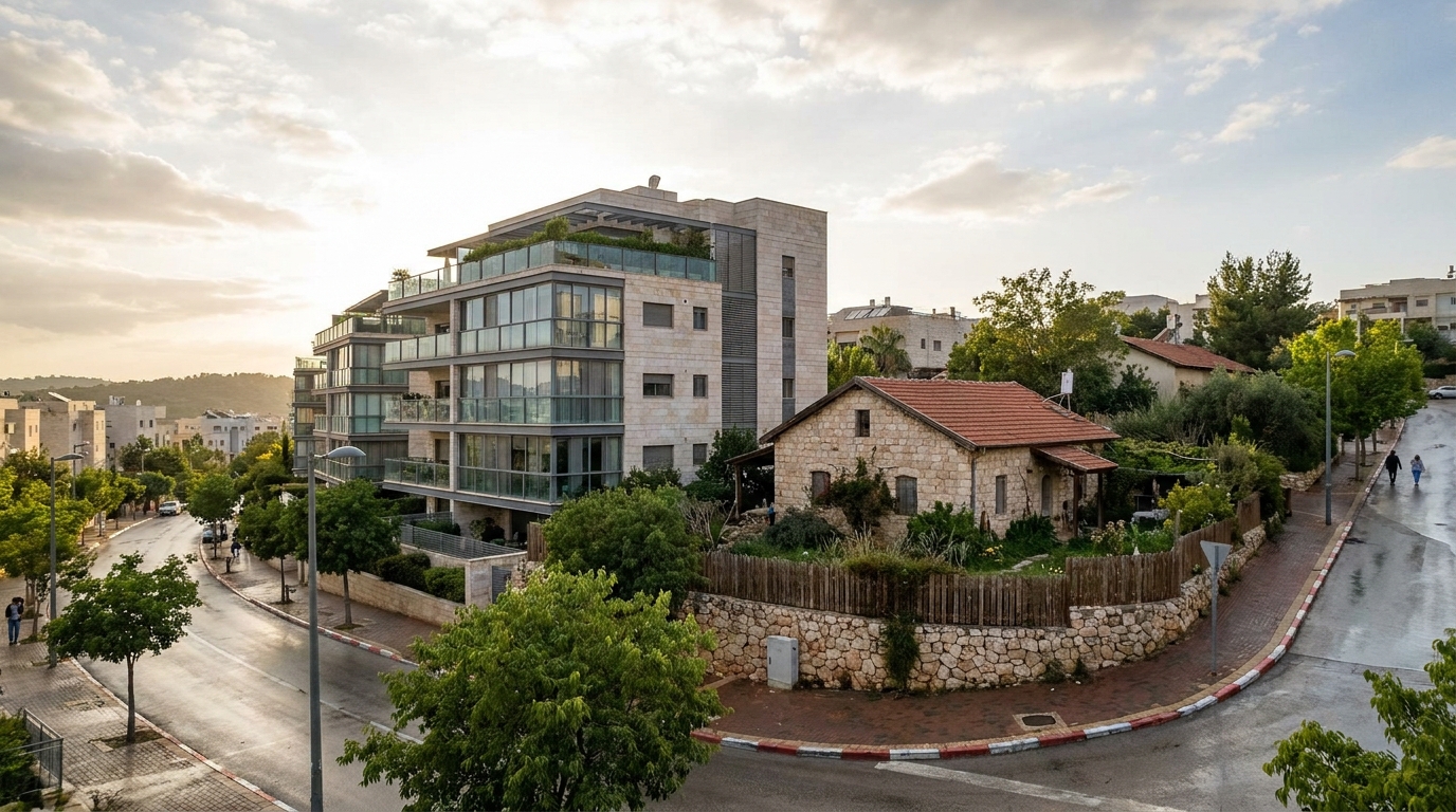 קולאז' אדריכלי המציג בניין דירות לצד בית פרטי בשכונת בוכמן